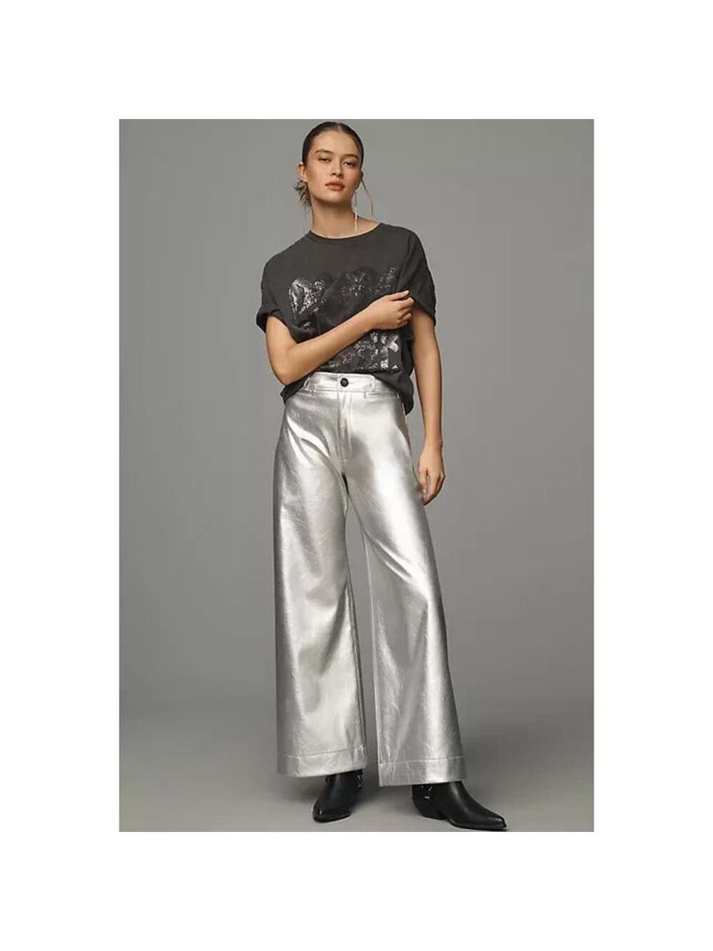 Maeve Women's Silver The Ettie High-Rise Crop Wide-Leg 28 Petite